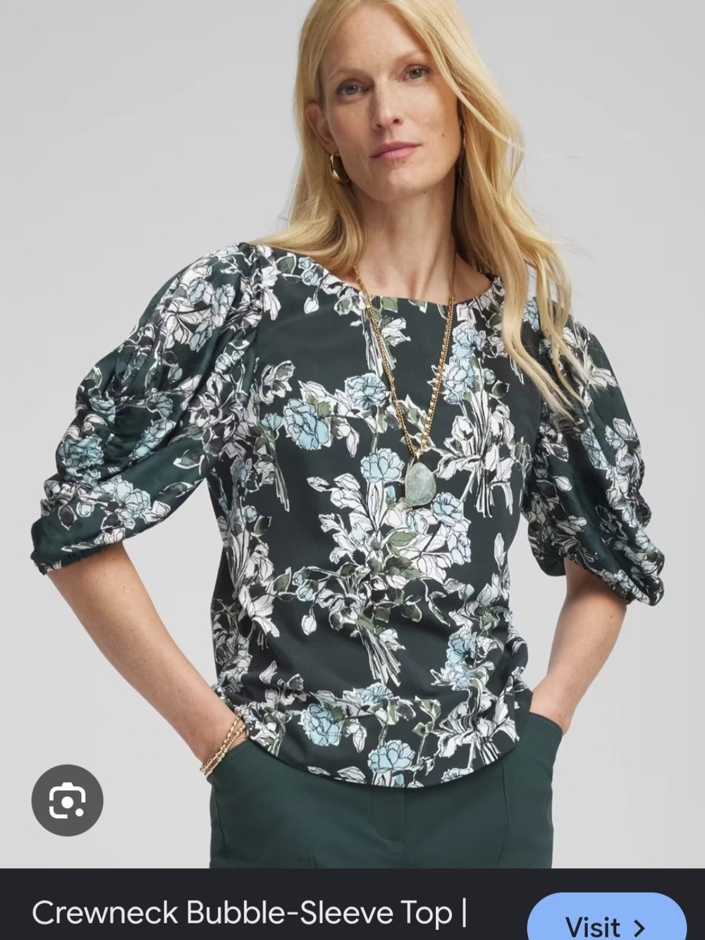 Chico's Dark Green Floral Puff-Sleeve Blouse